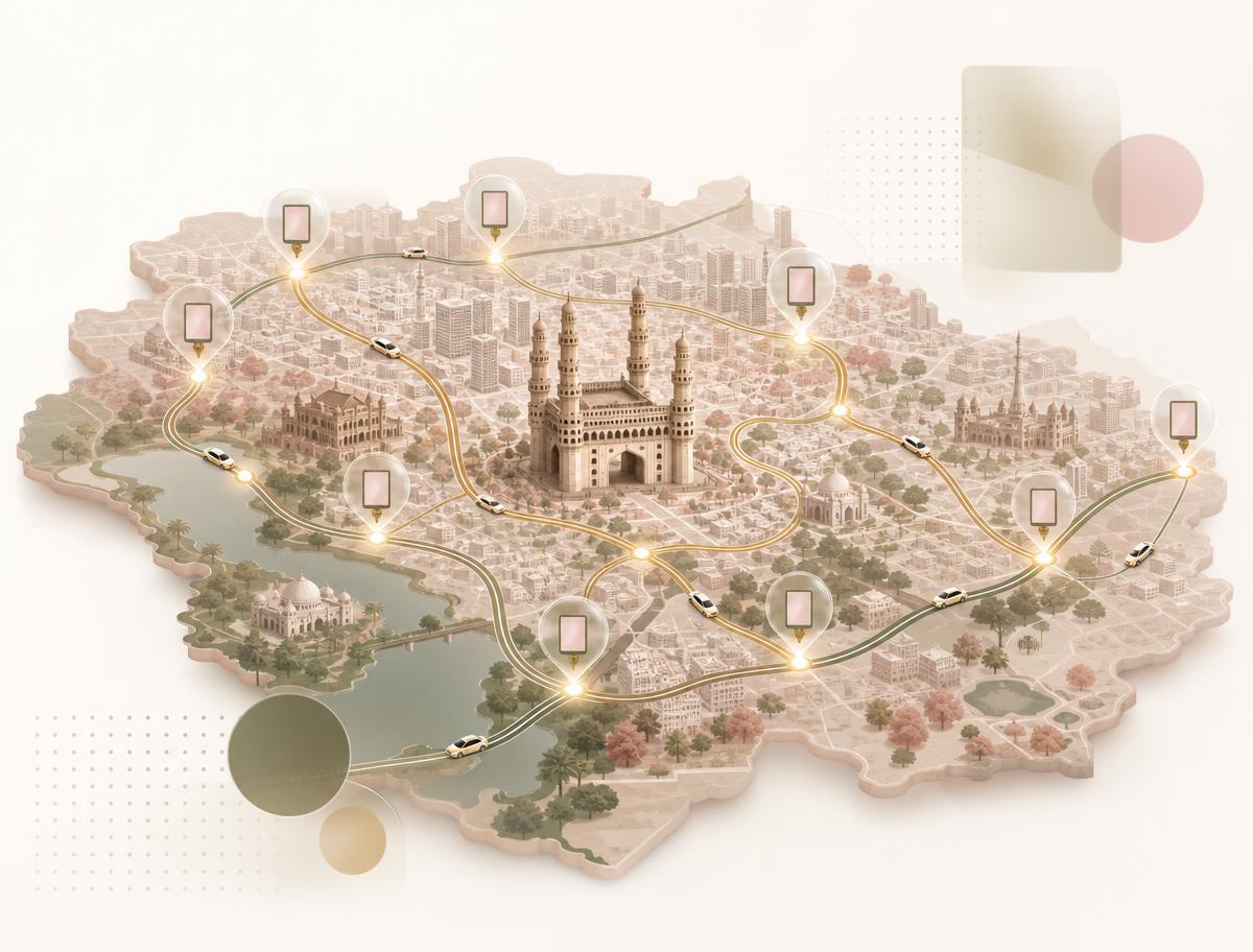 Stylized map of Hyderabad showing DP Ads in-cab screen coverage, cab routes and landmark pins