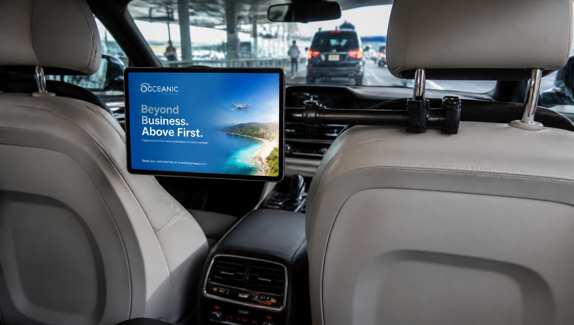 Digital advertising screen mounted on a rod bracket behind the front seat of a premium cab at an airport terminal pickup
